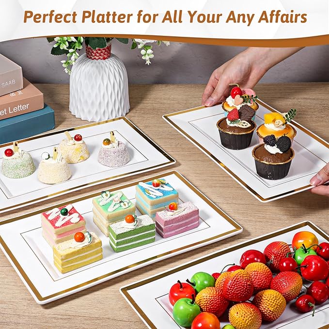 SHENLIU 24 Pcs White Plastic Serving Trays with Gold Rim, Elegant Rectangle Plastic Serving Platter Disposable 13''L×7.8''W Party Trays and Platters for Food Fruit Dessert Cookies Appetizers
