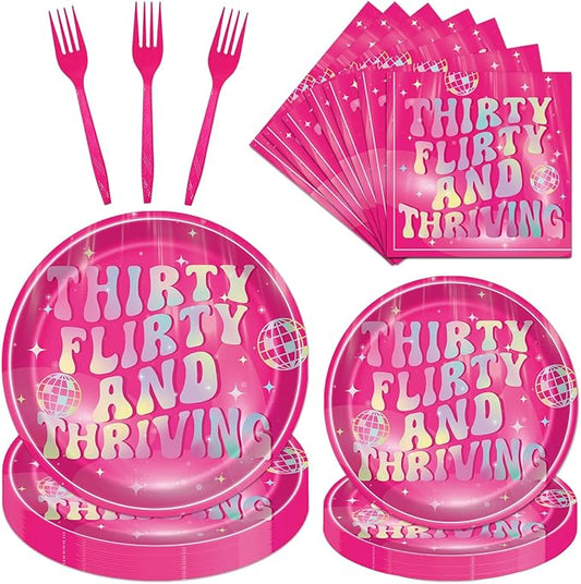 Thirty Flirty and Thriving Decorations Tableware, 96PCS 30 Flirty and Thriving Birthday Disposable Paper Plates and Napkins Decoration, Talk 30 to Me Forks Decor Serve for 24
