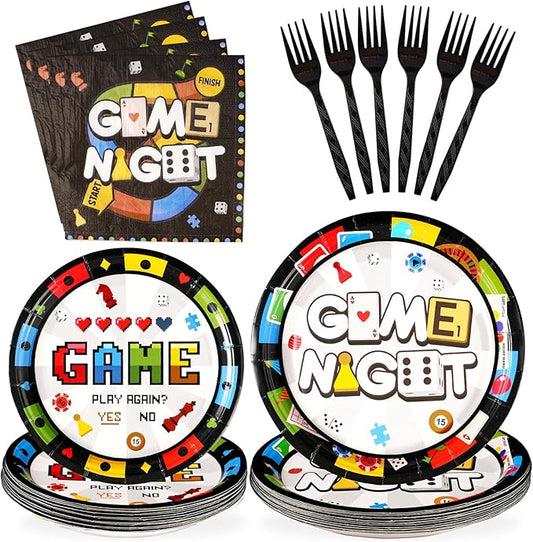 Grencian 96Pcs Family Game Night Party Supplies Family Game Plates and Napkins Disposable Gaming Paper Tableware Set for Birthday Kids Adults Gaming Night Party Decorations, Serves 24