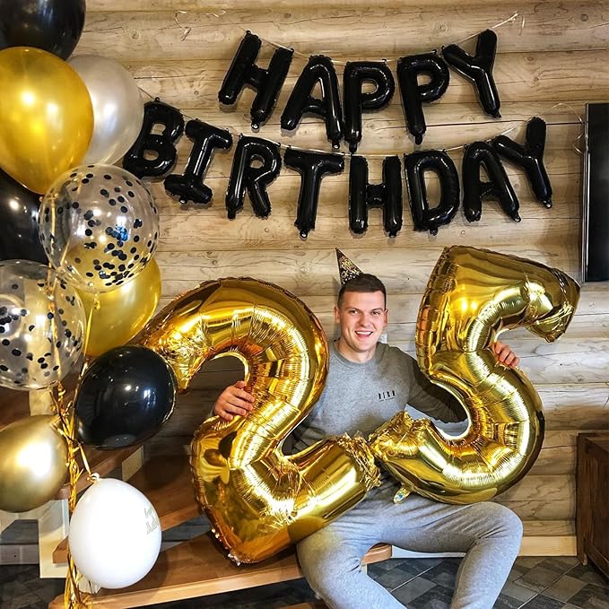 Black Happy Birthday Balloon Banner, 16 Inch Foil Mylar Happy Birthday Balloons Letters, Reusable Happy Birthday Sign, Black Birthday Decorations for Women, Men, Boys and Girls