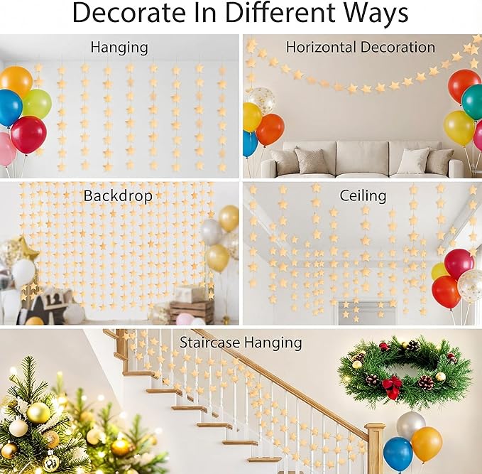 Metallic Champagne Gold Iridescent-Star-Garland 90FT – 240 Pcs Sparkling Star Streamers – Hanging Glitter Star Banner Backdrop for Birthday, Baby Shower, Wedding, Christmas Party Decorations (6 Packs)