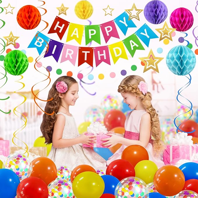 ZERODECO Birthday Decorations, Easy to Assemble Colorful Happy Birthday Banner with Honeycomb Ball, Balloon, Hanging Swirl Streamer, Garland, Happy Birthday Party Decorations for Women Girls Kids