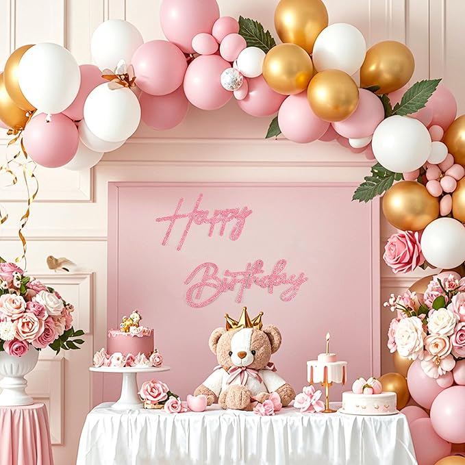 CANREVEL Happy Birthday Sign for Backdrop, Glitter Felt Pink Happy Birthday Banner, Pink Birthday Party Decorations for Girl Boy Women Men, Wall Decor Balloon Arch Photo Prop