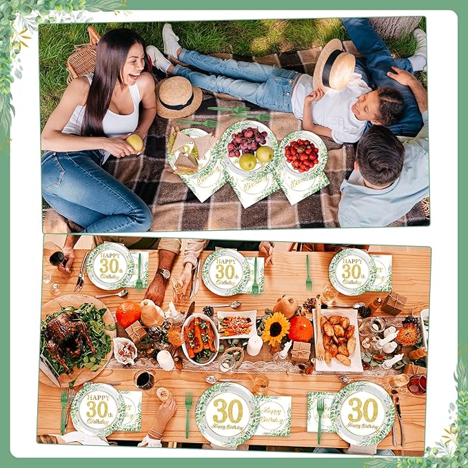 100 Pcs 30th Birthday Decorations Party Tableware Set Greenery Eucalyptus Paper Plates Sage Green Plates Forks and Napkins 30th Birthday Party Decorations for 30 Years Old Women Her Serve 25 Guests