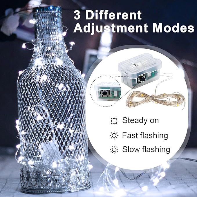 pozzolanas 50 Pack White Fairy Lights Battery Operated 3 Modes 7FT 20 LED Waterproof String Lights Twinkle Silver Wire for Mason Jars Wedding Christmas Halloween Party Decor (50, White)