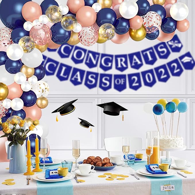 68 Pack Navy Blue Rose Gold Confetti Latex Balloons, 12 inch Birthday Balloons with 65 Feet balloon Ribbon for Birthday Party Wedding Graduation Bridal Shower Decorations
