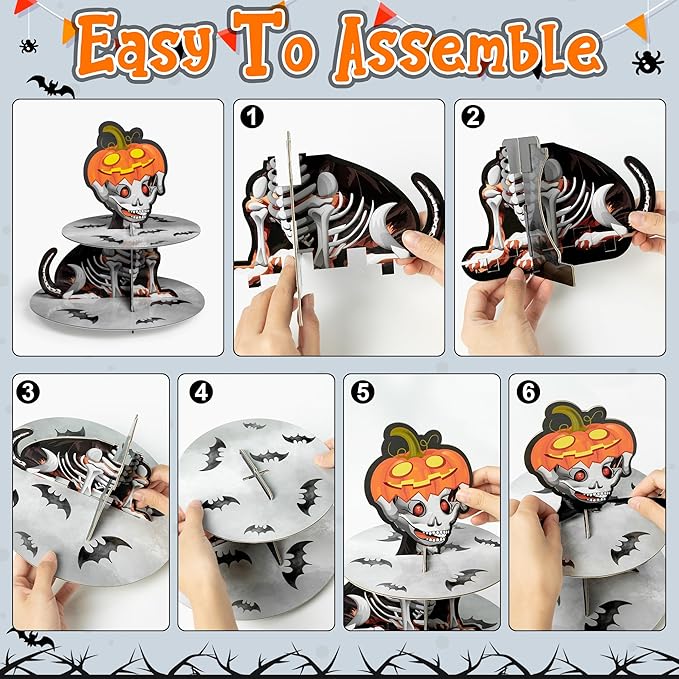 Haooryx Dachshund Dog Skeleton Cupcake Stand - 3 Tier Halloween Pumpkin Dog Bone Cupcake Tower Cardboard Gothic Dessert Holder Pastry Platter for Halloween Party Table Decoration Birthday Party Supply