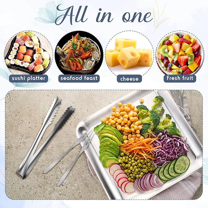 Baderke 2 Set 9" Chilled Serving Tray for Parties with Compartments Ice Chilled Party Platter Charcuterie Serving Board Cold Dish Dip with Forks Tongs for Fruit Seafood Vegetable Appetizer(Silver)