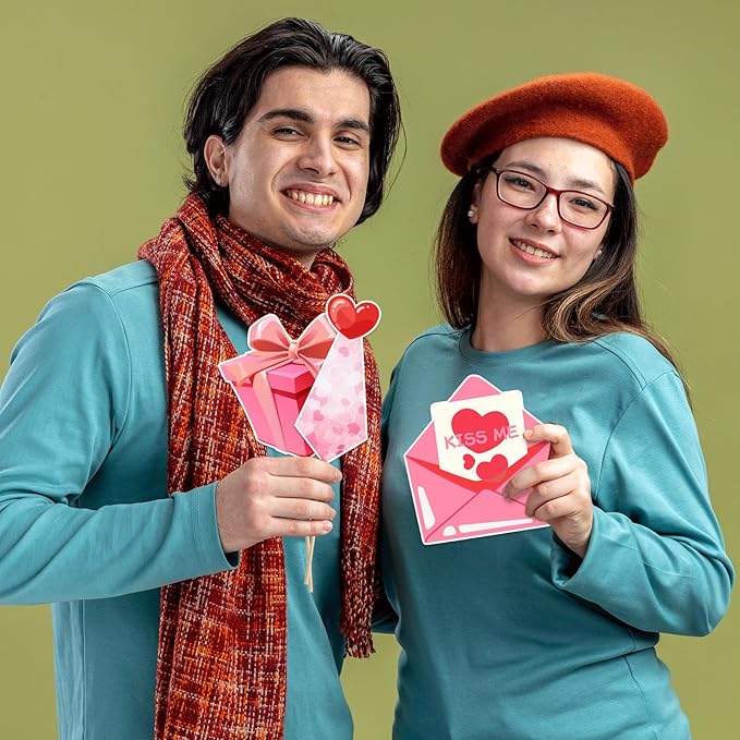 Happy Valentine's Day Photo Booth Props Kit, 24 PCS Selfie Photo Booth Accessories with “Happy Valentine’s Day” Signs, Cute Heart Themed Party Decorations for Valentine’s Party Favors