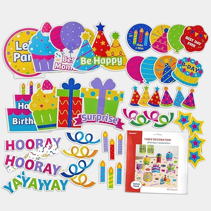 HonuGoGo Birthday Table Decorations Kit, 46ct Colorful Party Supplies with Table Centerpieces, Coasters & Confetti—Ideal for Dining Tables, Dessert Tables & Birthday Party Celebrations