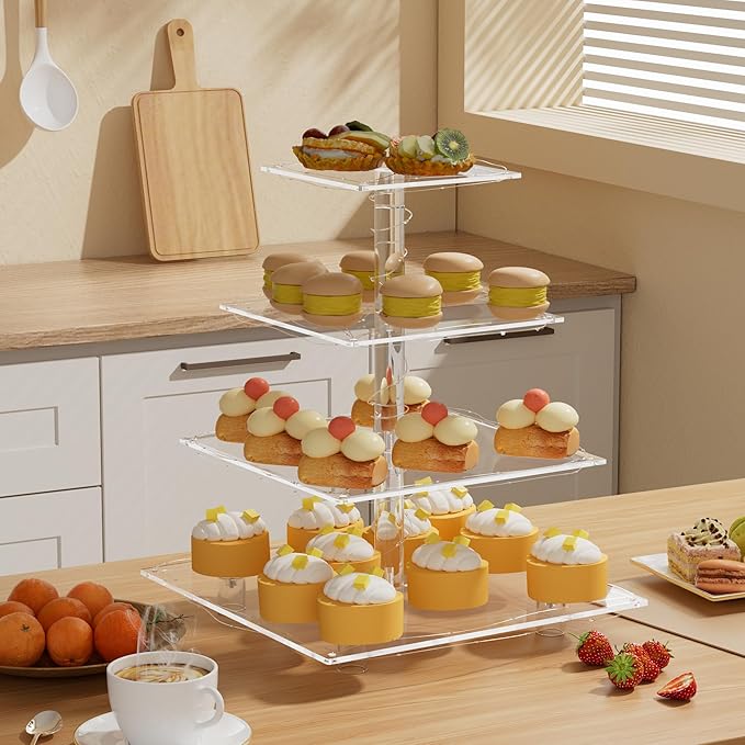 4 Tier Acrylic Cupcake Display Stand, Cupcake Tower Stand with Light, Cupcake Tier Stand for 50 Cupcakes, Clear Cupcake Stands for Weddings, Birthdays, Party, Graduation