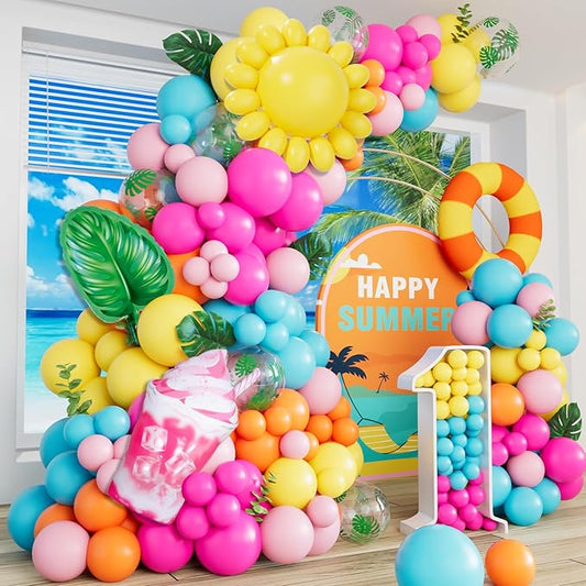 DBKL Tropical Balloon Arch Garland Kit, Luau Hawaiian Party Decorations, Rose Orange Yellow Blue Green Palm Leaves Balloons for Tropical Hawaiian Summer Birthday Pool Party Supplies