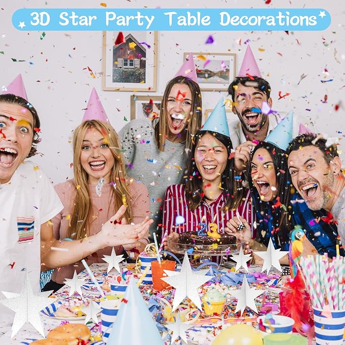 Silver Star Centerpieces - 3D Star Decorations in 3 Sizes - Awards Night, Christmas, Movie Night, Birthday Party Supplies (Set of 35)