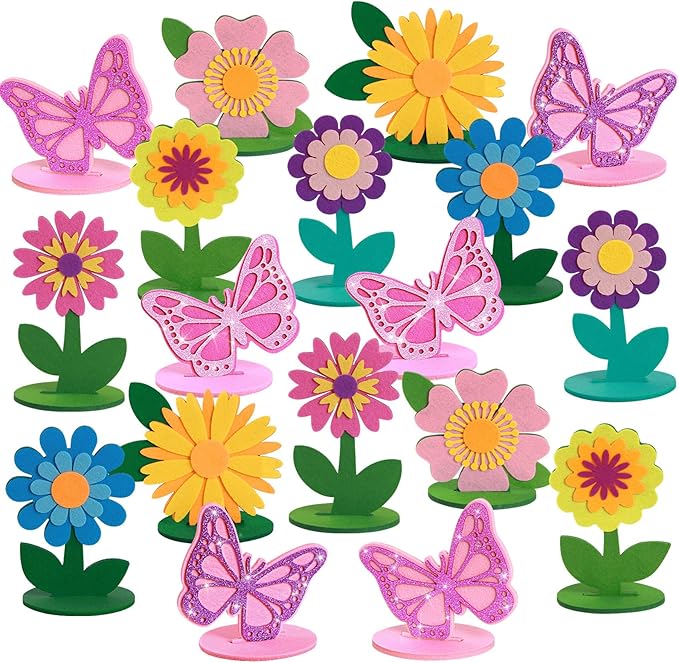 SUNBEAUTY 18PCS Flower Felt Centerpieces for Tables Flower Butterfly Birthday Party Decorations for Spring Table Decoration Home Office Girl Birthday Mother's Day Decorations