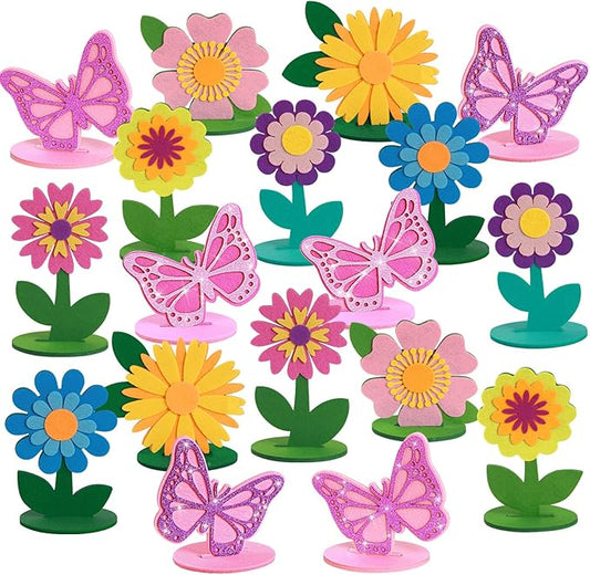 SUNBEAUTY 18PCS Flower Felt Centerpieces for Tables Flower Butterfly Birthday Party Decorations for Spring Table Decoration Home Office Girl Birthday Mother's Day Decorations