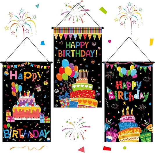 Tegeme 3 Pcs Happy Birthday Banner Decor Colorful Happy Birthday Party Door Hanging Decorations Hanging Black Banner Party Supplies for Kids Girls Boys Porch Wall Door Sign