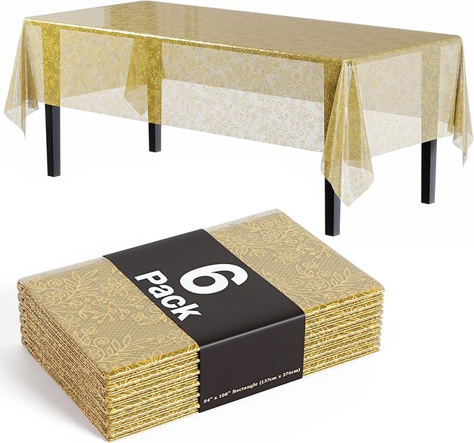 Exquisite Lace Table Cloth Rectangle Table Plastic 6-Pack Lace Tablecloth Rectangular 54" X 108" | Clear & Gold Floral Tablecloth Disposable | Wild Flower Party Decorations & Party Supplies