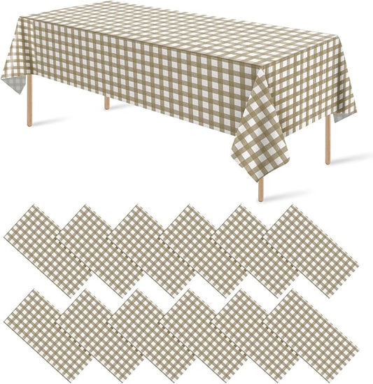 12 Pack Brown and White Plastic Checkered Tablecloth, Premium Decorative Disposable Tan Gingham Plaid Table Cloths for Parties, Rectangle Party Table Cover for Picnic Farm Birthday Fall, 54x108 Inch