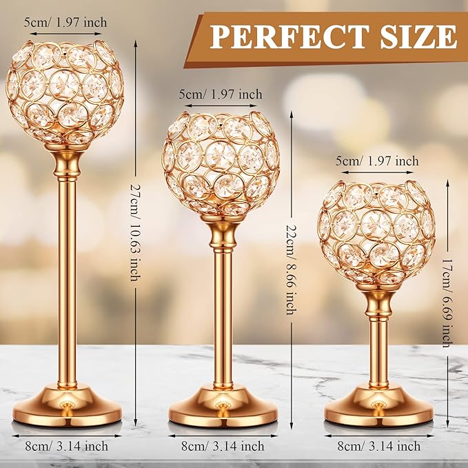 Mimorou 12 Pack Crystal Candle Holders Gold or Silver Candle Holders Bulk Tealight Candlestick Crystal Candelabras for Wedding Party Valentine Christmas Dining Table Centerpieces Decoration (Gold)