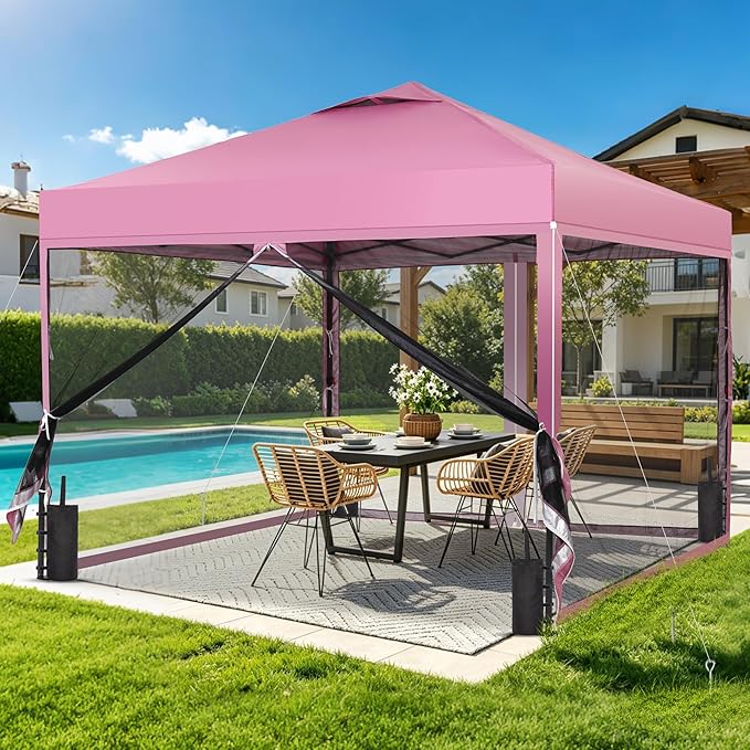 GDY 10x10 Pop up Canopy Tent with Mosquito Netting, Easy up Gazebo for Patio, Camping and Garden, Includes 4 Sandbags, Pink