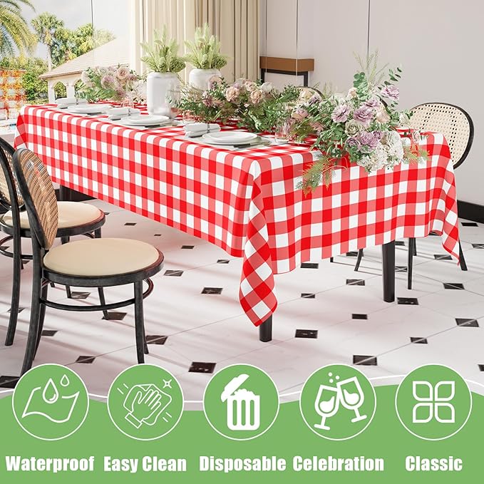 Smiry 3 Pack Red Gingham Disposable Tablecloths - 54" x 156" Heavy Duty Plastic Table Cloth, Waterproof Buffalo Plaid Table Covers for Picnic, Banquets, Outdoor Parties