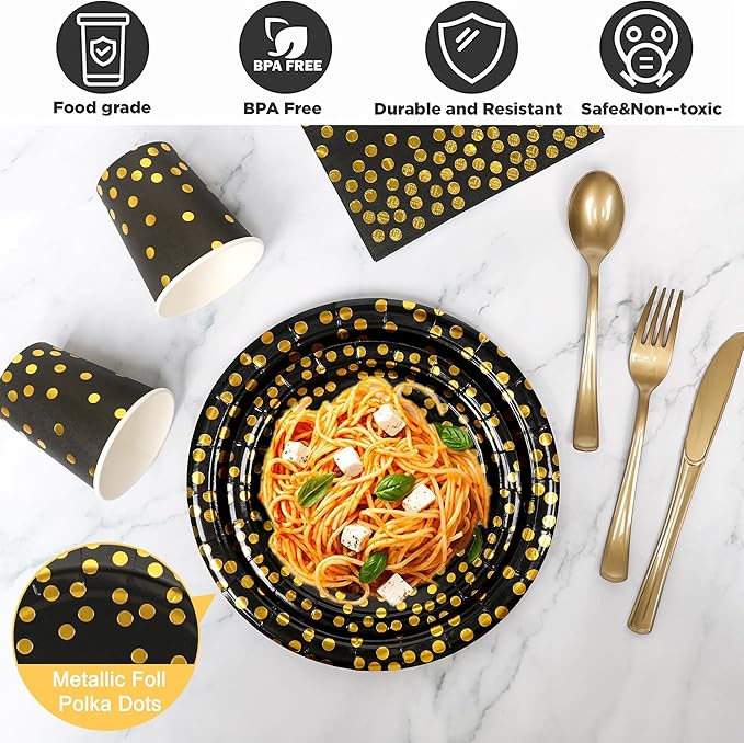 175 Pcs Black and Gold Party Supplies, Serves 25 Black Gold Foil Dot Disposable Dinner Tableware Set Gold Plastic Forks Spoons Knives Plates Napkins Cups Party Supplies for Birthday Wedding Graduation
