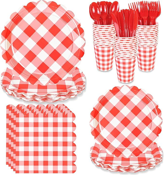 175 Pcs Red Scalloped Gingham Party Supplies for 25 Guests, Red and White Checkered Paper Plates, Cups and Napkins Sets for Baby & Bridal Shower, Wedding, Birthday Party, Outdoor Picnic
