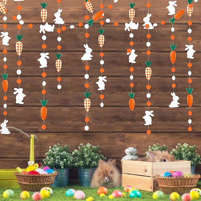 Pinkblume Easter Party Decorations - Bunny Carrot Circle Dot Garland Streamer Hanging Paper Buffalo Plaid Carrot Polka Dot Rabbit Banner for Spring Day Party Supplies