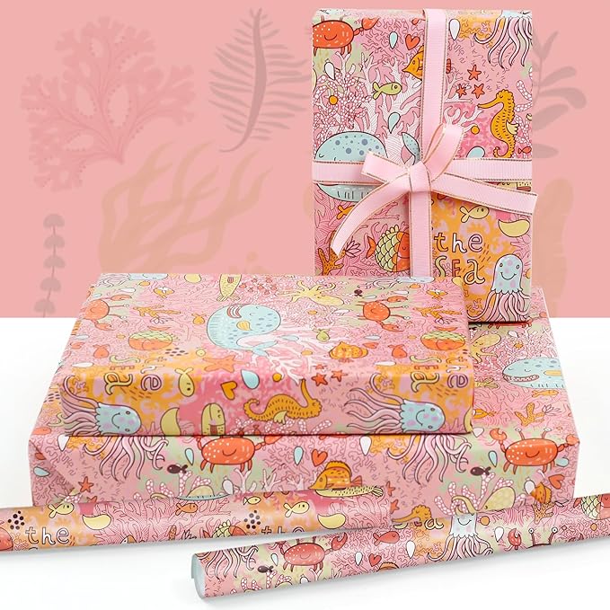Under the Sea Wrapping Paper for Girls Kids Boys, 6 Sheets Pink Ocean Coral Sea Star Crab Octopus Whale Beach Coastal Gift Wrap Paper, 20 x 28 inch Per Sheet Gift Paper for Birthday, Baby Shower