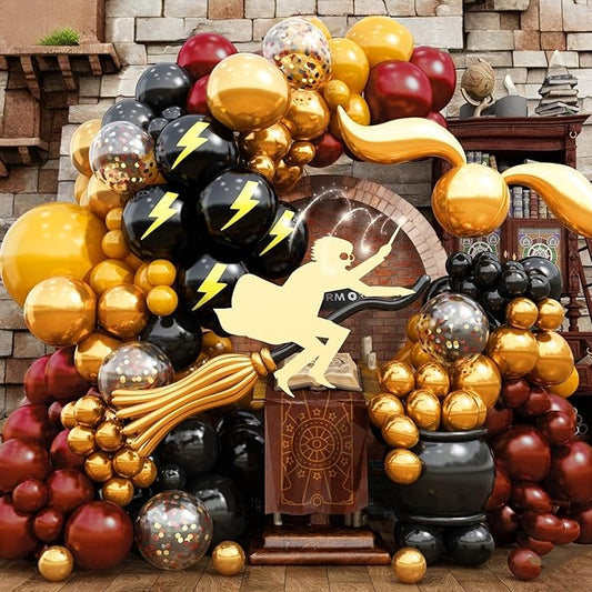 144PC Magic Balloons Arch Kit, Burgundy Black Gold Balloon Garland with DIY Broom Golden Sphere Foil Balloons, Maroon Mustard Yellow Confetti Balloon for School Birthday Decorations Party