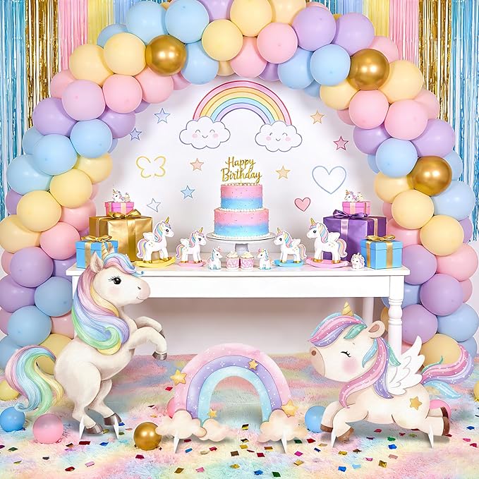 3Pcs Unicorn Birthday Decorations, Large Rainbow Unicorn Cardboard Cutout Standup, Girls Baby Shower Party Signs for Photo Booth Props Backdrops Indoor Outdoor Cartoon Party Supplies