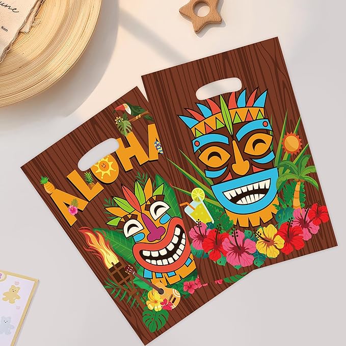 MOIZYNG 50Pcs Hawaiian Gift Bags with Handles, Tropical Floral Aloha Tiki Luau Plastic Candy Treat Goodie Bags for Hawaii Summer Beach Pool Birthday Party Favors Supplies