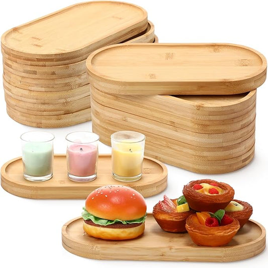 Geetery 12 Pcs Wood Serving Trays 10 and 12 Inch Charcuterie Boards Oval Wooden Plates Serving Platter Cheese Dinner Plates Bulk for Dessert Snack Bread Fruit Appetizer Dishes(Bamboo Wood)