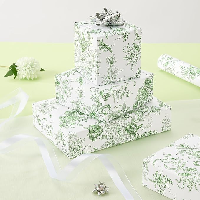 WERNNSAI Green Wrapping Paper Roll - 1 Roll 17”x 33 ft Vintage Floral Wrapping Paper Green Flower Bouquet Gift Wrap for Girls Women Birthday Bridal Shower Wedding Supplies