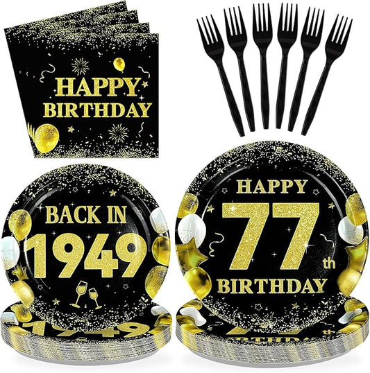 96Pcs 77th Birthday Decorations for Men Women Black Gold 77th Birthday Party Plates Back In 1949 Disposable 77 Paper Tableware Set for Happy 77 Year Old Party Supplies Serves 24