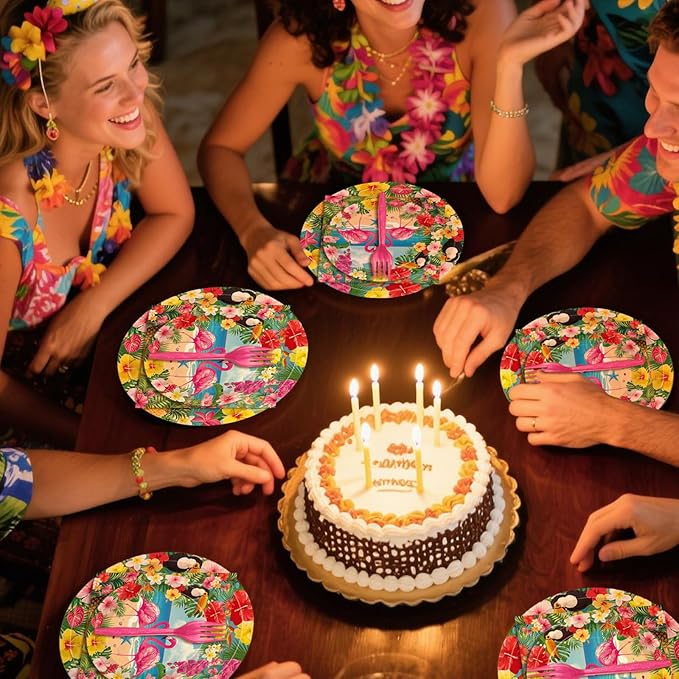 100 Pcs Tropical Aloha Flamingo Birthday Party Supplies Set - Serves 25, Hawaiian Luau Disposable Tableware, Includes Paper Plates, Napkins, Forks for Summer Beach Birthday Pool Decorations