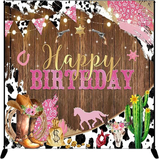 Mocsicka Western Cowgirl Happy Birthday Backdrop Brown Wood Kids Birthday Party Decorations Banner Rustic Old West Rodeo Cowgirl Photography Background Cowgirl Party Supplies (8x8ft(96x96 inch), Pink)