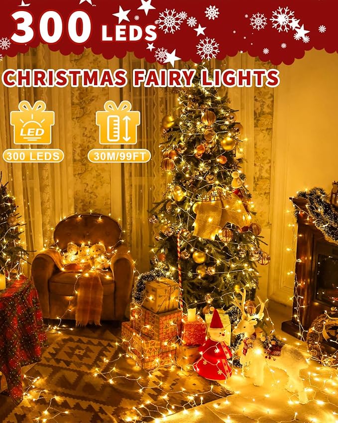 Christmas Lights String Outdoor Indoor, Xmas Tree Decorations Lights, Plug in Twinkle Fairy Light with Remote Timer Dimmable for Room Yard Holiday Party Wedding Decor (Warm White, 108FT 300 LED)