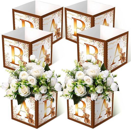 Bucherry 6 Pcs Baby Shower Centerpieces with Letters, 7" Baby Blocks Flower Boxes for Table Decorations, Gender Reveal Party Supplies & Photo Props(Brown,Brown Bear)