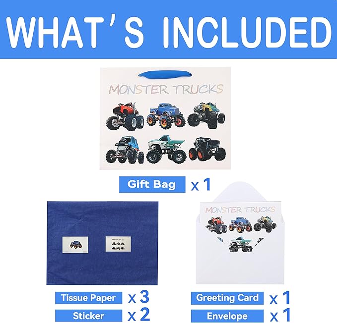 16.5” Extra Large Truck-themed Gift Bags Set with Greeting Card and Tissue Paper (Monster Trucks Design) for boys, Kids Birthday Party,Baby boy,Baby Shower,Newborn,New Moms or Parents