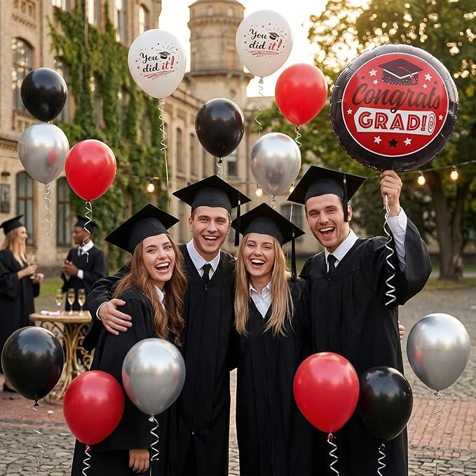 Red Black Silver Graduation Balloons, 60pcs Red Silver Black White Printed Balloons, Congrats Grad Foil Balloon for Graduation 2026 Decorations Celebration Anniversary Party Supplies