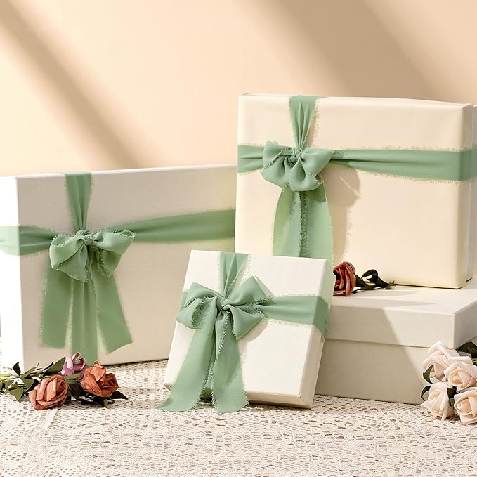 Christmas Ribbon, 3 Rolls Sage Green Ribbon for Gift Wrapping, 1 1/2 inch x 7Yd Ribbons for Flower Bouquet, Chiffon Silk Ribbons for Crafts, Wedding Invitations, Bridal Bouquets, DIY Crafts