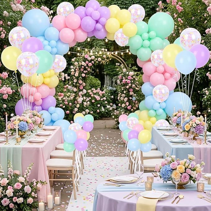 RUBFAC Pastel Balloons Easter Party Balloon, 65pcs 12 Inch Light Rainbow Colorful Latex Confetti Balloons for Easter Birthday Baby Shower Bridal Wedding Party Decoration