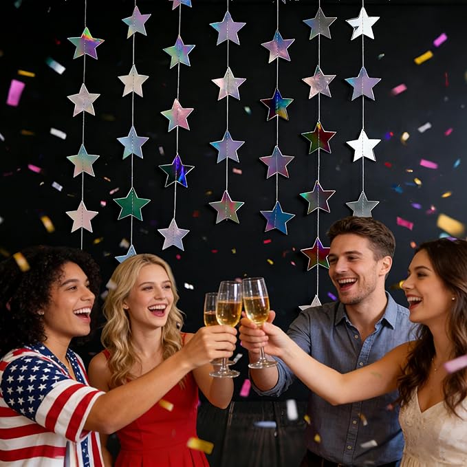 Iridescent-Star-Garland 90FT – 240 Pcs Sparkling Star Streamers-Hanging Glitter Star Banner Backdrop for Birthday, Baby Shower, Wedding, Christmas Party Decorations (6 Packs)