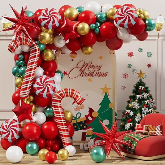 Christmas Balloons Garland Arch Kit, Red White Metallic Gold Green Balloon Garland, Foil Candy Cane Balloons, Christmas Party Decorations Supplies for Home Indoor Outdoor