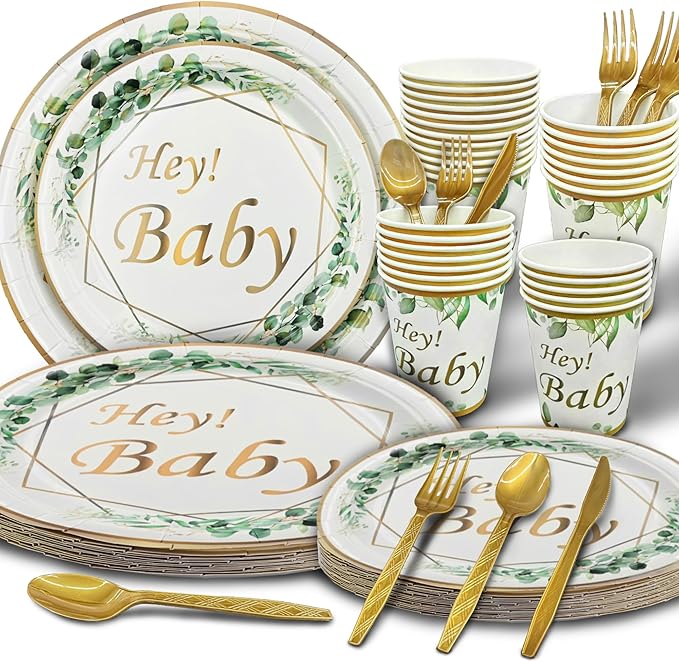 Sage Green Neutral Baby Shower All In One Set - 4 Balloon Boxes, 12 Tableware Sets with Disposable Plates, "OH BABY" Balloons, Tablecloth & Cake Toppers