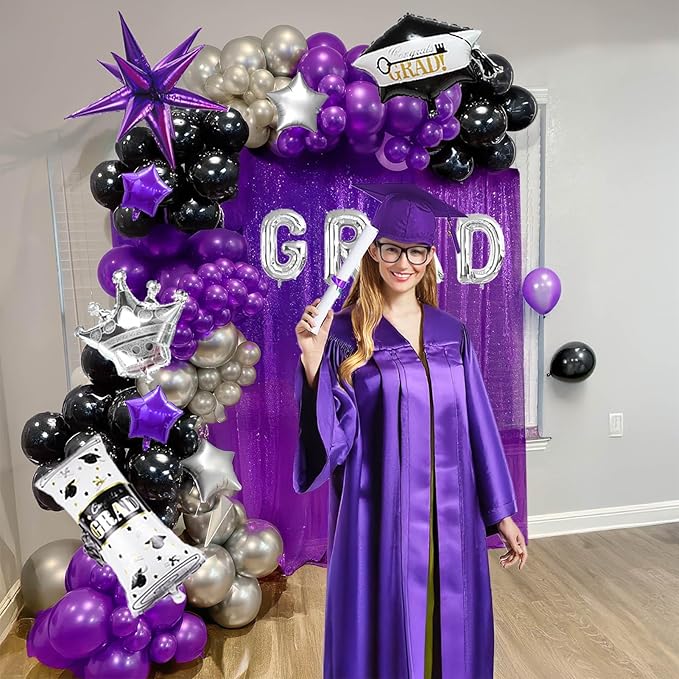 Black dark purple and silver Balloon Garland Arch Kit 130Pcs with dark purple and Silver Stars Graduation Certificate Graduation Cap crown GRAD Letters Mylar Balloons for 2025 Prom kpop Decorations