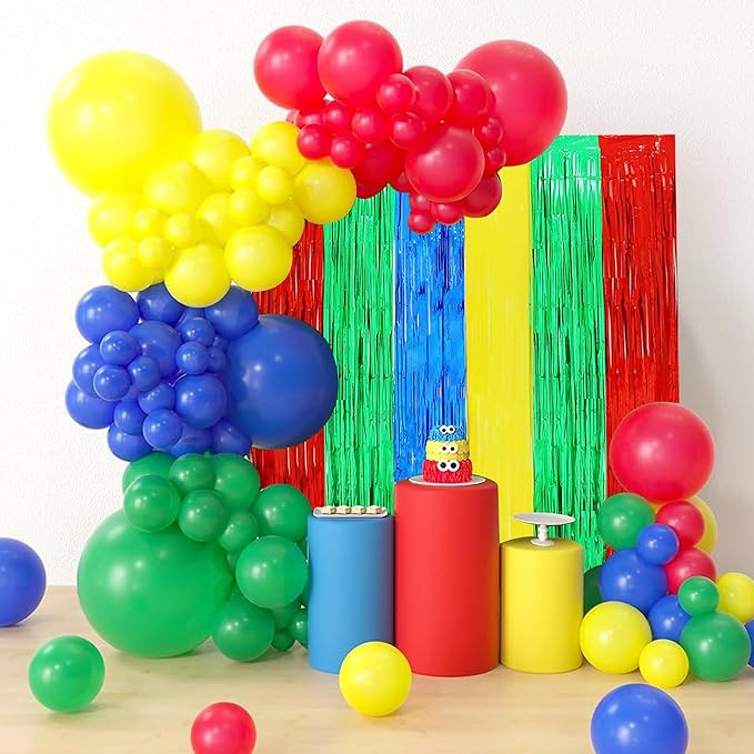 BEISHIDA 3Pcs Red Green Blue Yellow Streamer Backdrop Foil Fringe Tinsel Curtains Backdrops for Super Bros Birthday Video Game Baby Shower Decorations Party Supplies (3.28 ft x 6.56 ft)