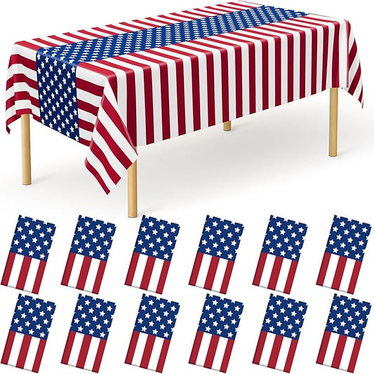 QZYL 12 Pack 4th of July Tablecloths, 108" X 54" 250th Anniversary American Plastic Tablecover, Disposable Patriotic USA Red White Blue Table Cover, Fourth of July Decorations for Party Home