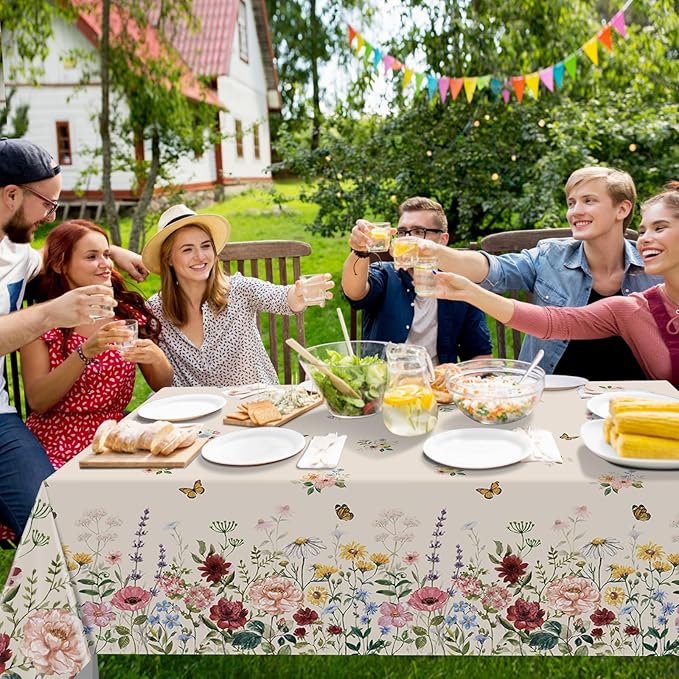 1 Pcs Spring Floral Tablecloth, Butterfly Wildflower Plastic Disposable Tablecloth Rectangle Table Covers for Easter, Birthday, Wedding, Mothers Day Tea Party Supplies and Decorations,54 x 108 Inch